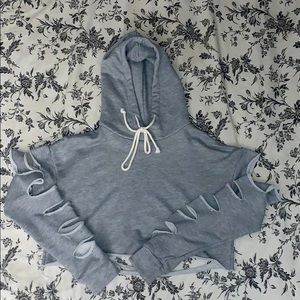 Ripped Cropped Grey Pullover Hoodie
